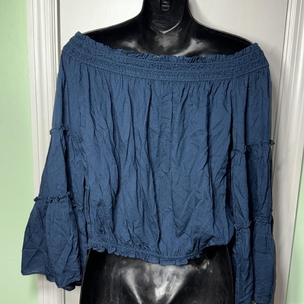Free People Navy Blue Free Spirit Off Shoulder Bell Sleeve Boho Oversized Crop - Picture 11 of 11